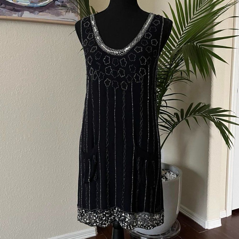 NWT Black with Silver Sequins Beaded 100 Silk Sleeveless Dress size 2 - Picture 3 of 16